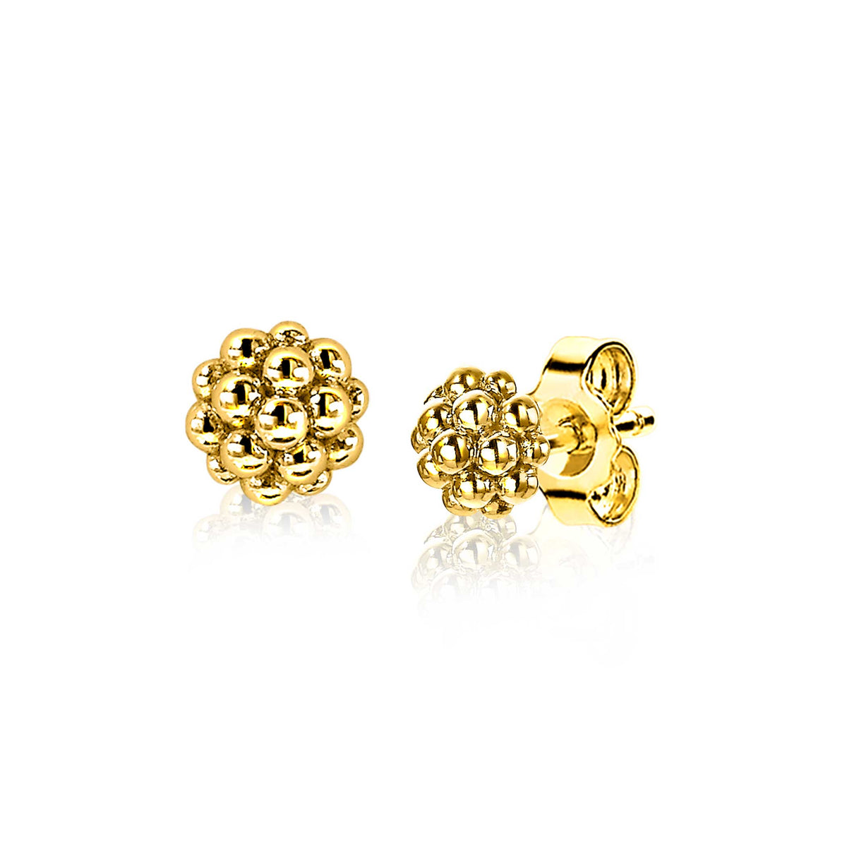 Gouden, bolvormige oorbellen met een structuur van kleine bollen en een sluiting.