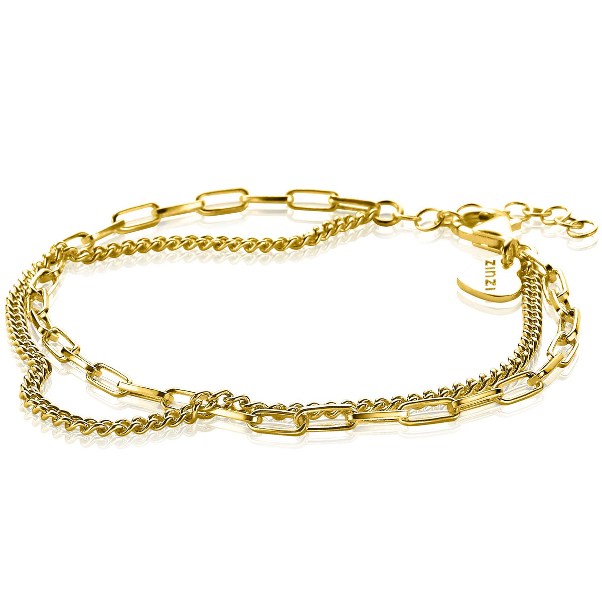 Gouden armband met schakels in twee verschillende stijlen en een karabijnsluiting.