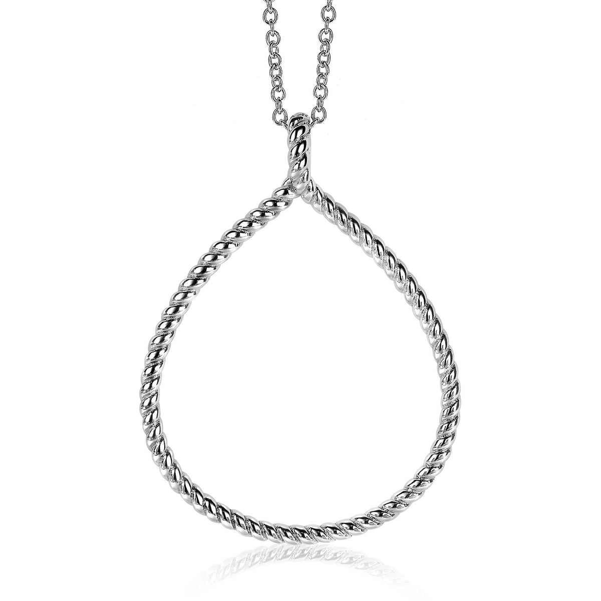 Zilveren hanger in druppelvorm met een gevlochten structuur aan een fijne ketting.