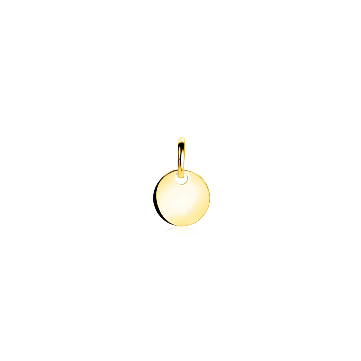 Gouden hanger in de vorm van een ronde schijf met een glanzende afwerking.