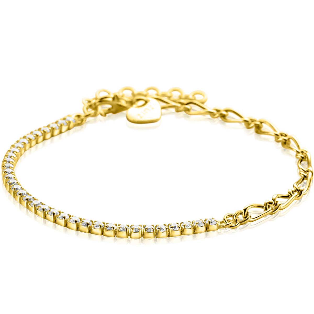 Gouden armband met heldere steentjes, schakels en een hartvormige sluiting.