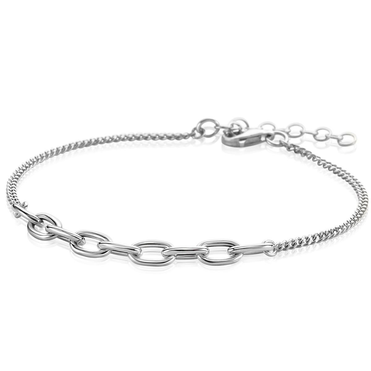 Zilveren armband met schakels en een fijne ketting, voorzien van een karabijnsluiting.