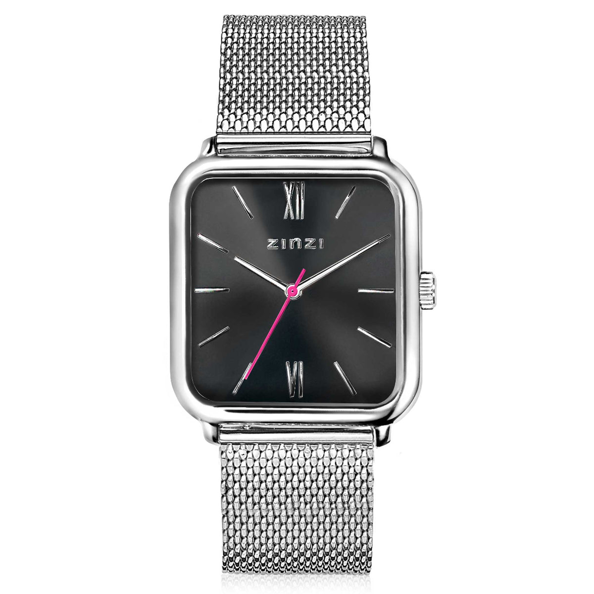Zilverkleurig horloge van staal met vierkante kast, zwarte wijzerplaat en mesh-band.