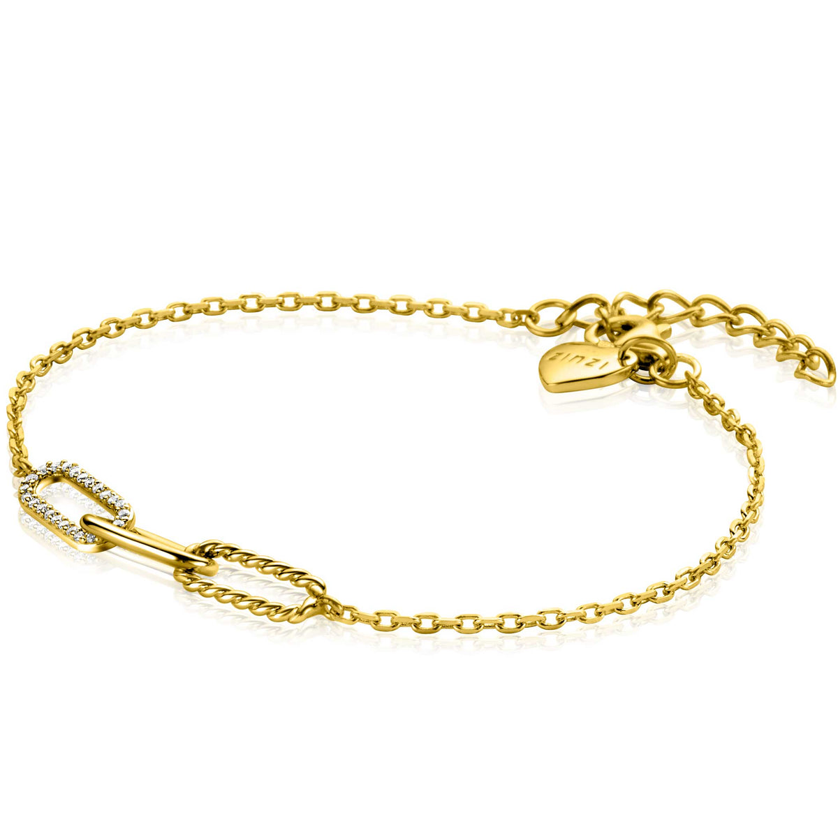 Gouden armband met schakels en een sluiting in de vorm van een gesp, versierd met kleine steentjes.