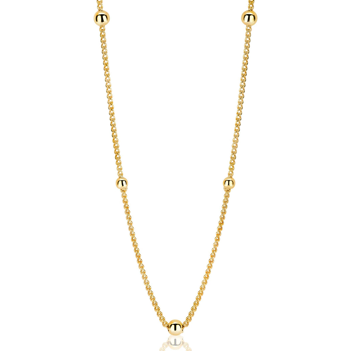 Gouden ketting met bolletjes, gemaakt van verguld metaal en een fijne schakelstructuur.