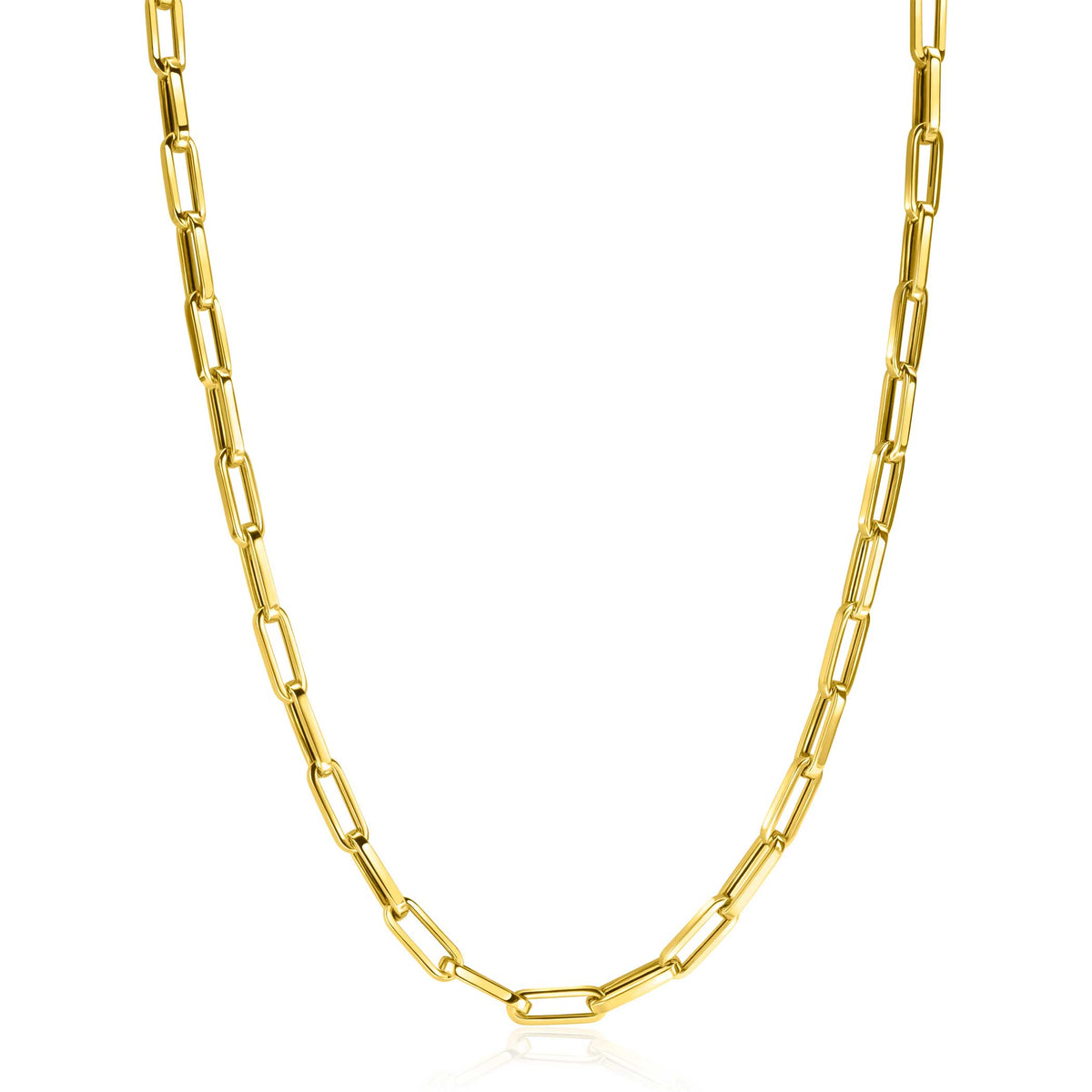 De Zinzi Ketting Goud Zgc347 van Zinzi heeft langwerpige paperclip-schakels voor een minimalistische en verfijnde look. De glanzende afwerking vangt het licht prachtig op, afgezet tegen een frisse witte achtergrond.