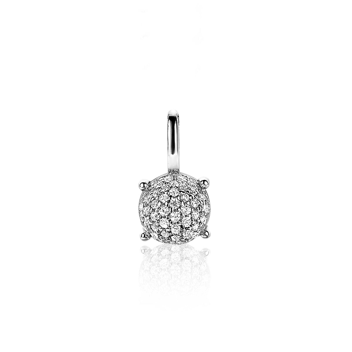Zilveren hanger met een ronde, pavé bezette schijf vol kleine steentjes.