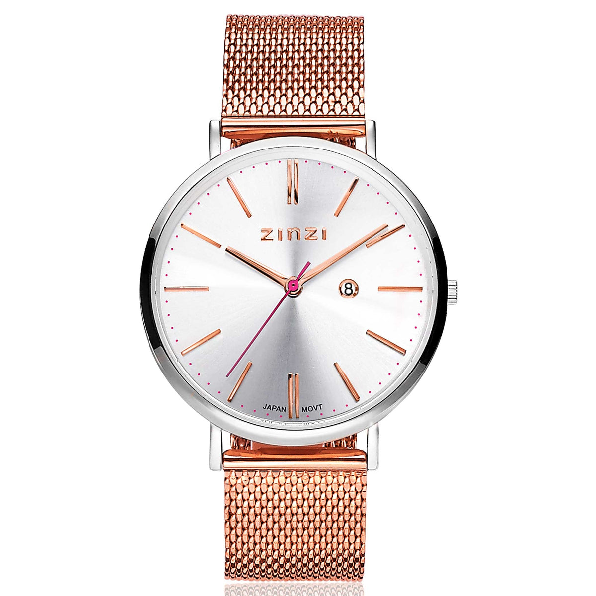 Zilverkleurig horloge met roségouden mesh-band, witte wijzerplaat en rosegouden indexen.