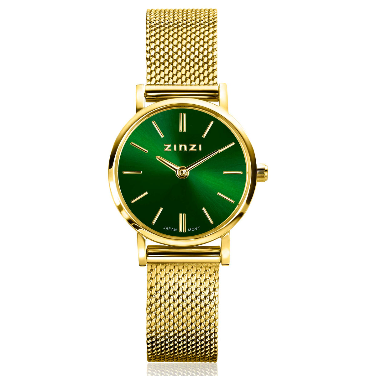 Gouden horloge met groene wijzerplaat en mesh-band.