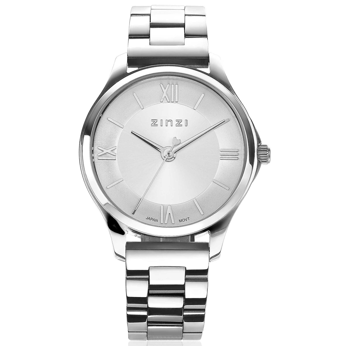 Zilverkleurig horloge van staal met een ronde wijzerplaat en Romeinse cijfers.