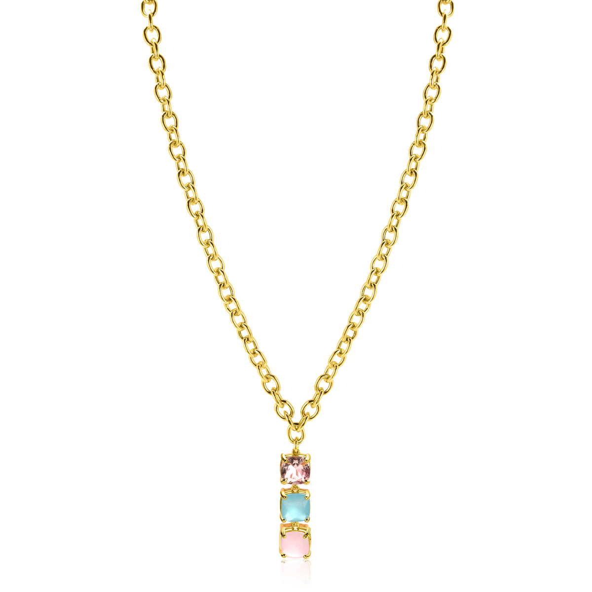 Gouden ketting met een hangertje versierd met drie gekleurde stenen in blauw, roze en transparant.
