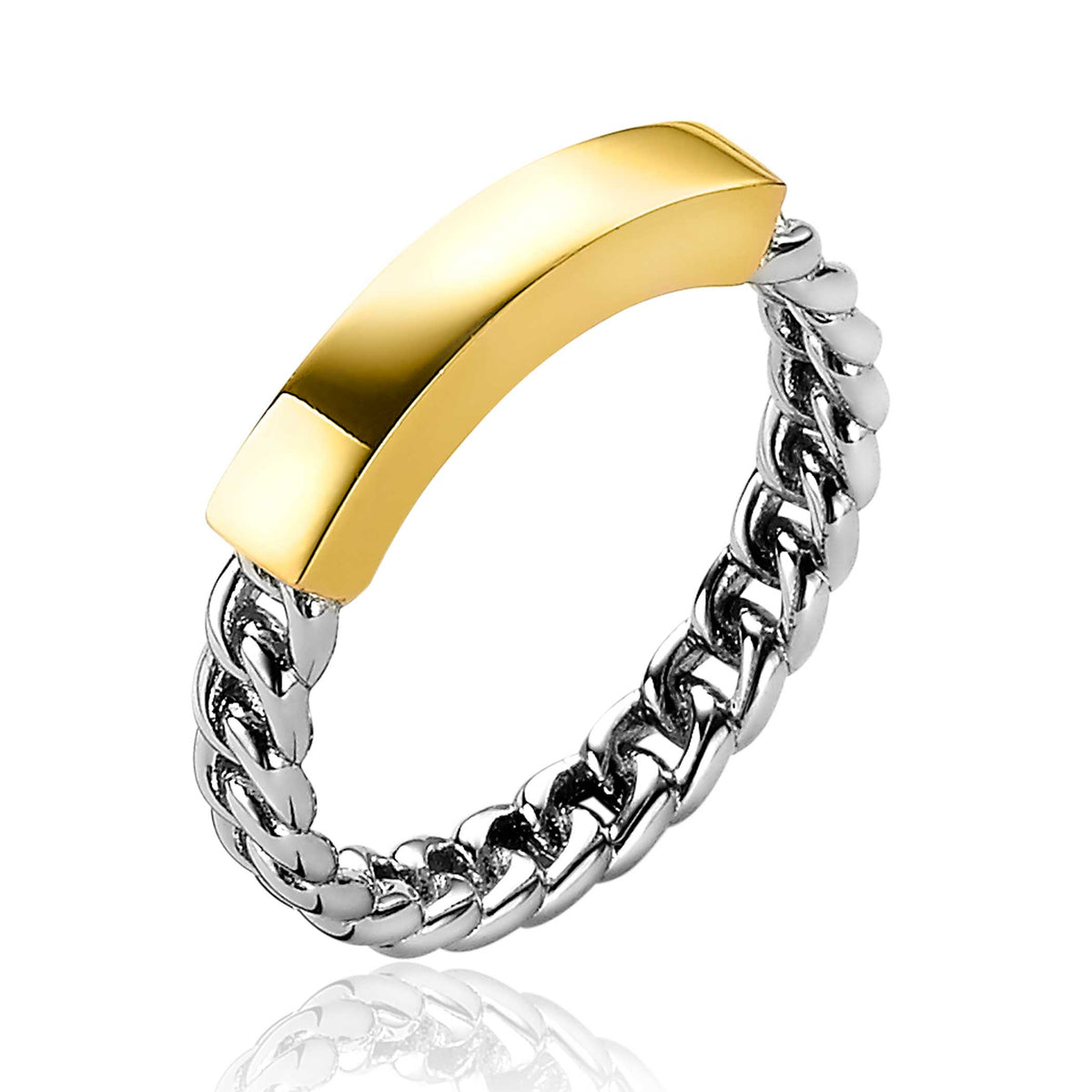 Gouden ring met een gladde, gebogen bovenkant en een zilveren schakelband.