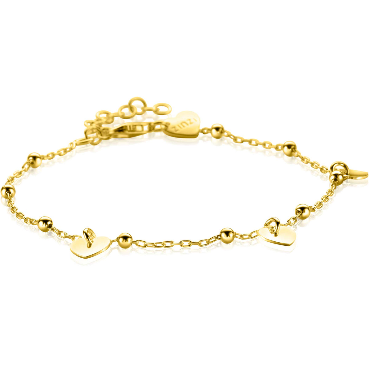 Gouden armband met hartjes en bolletjes, gemaakt van verguld metaal.