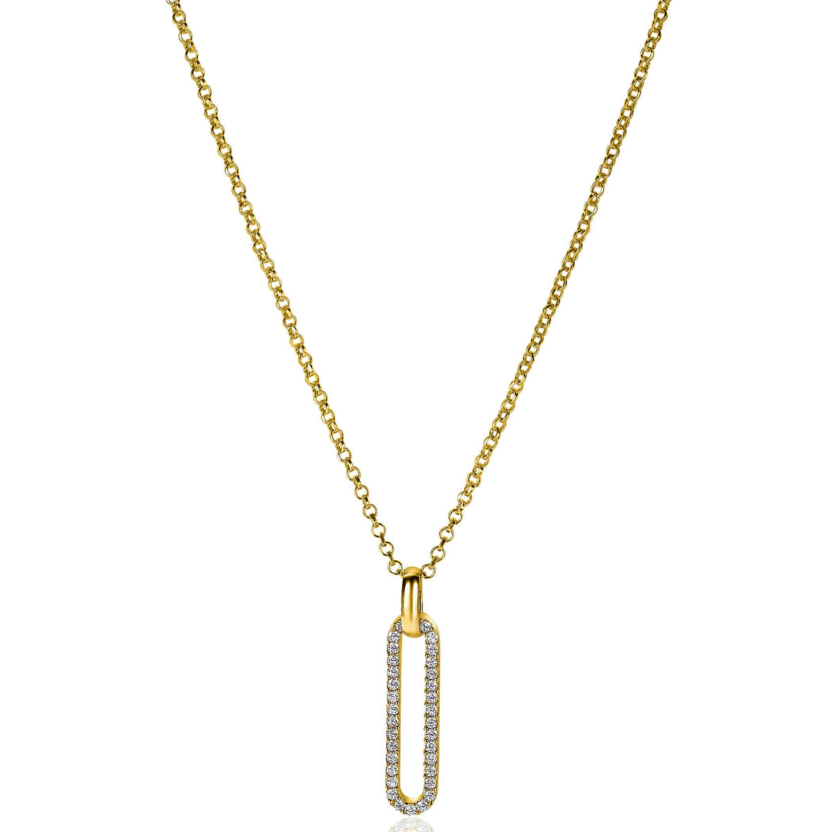 Gouden ketting met een hangertje in de vorm van een paperclip, bezet met heldere steentjes.