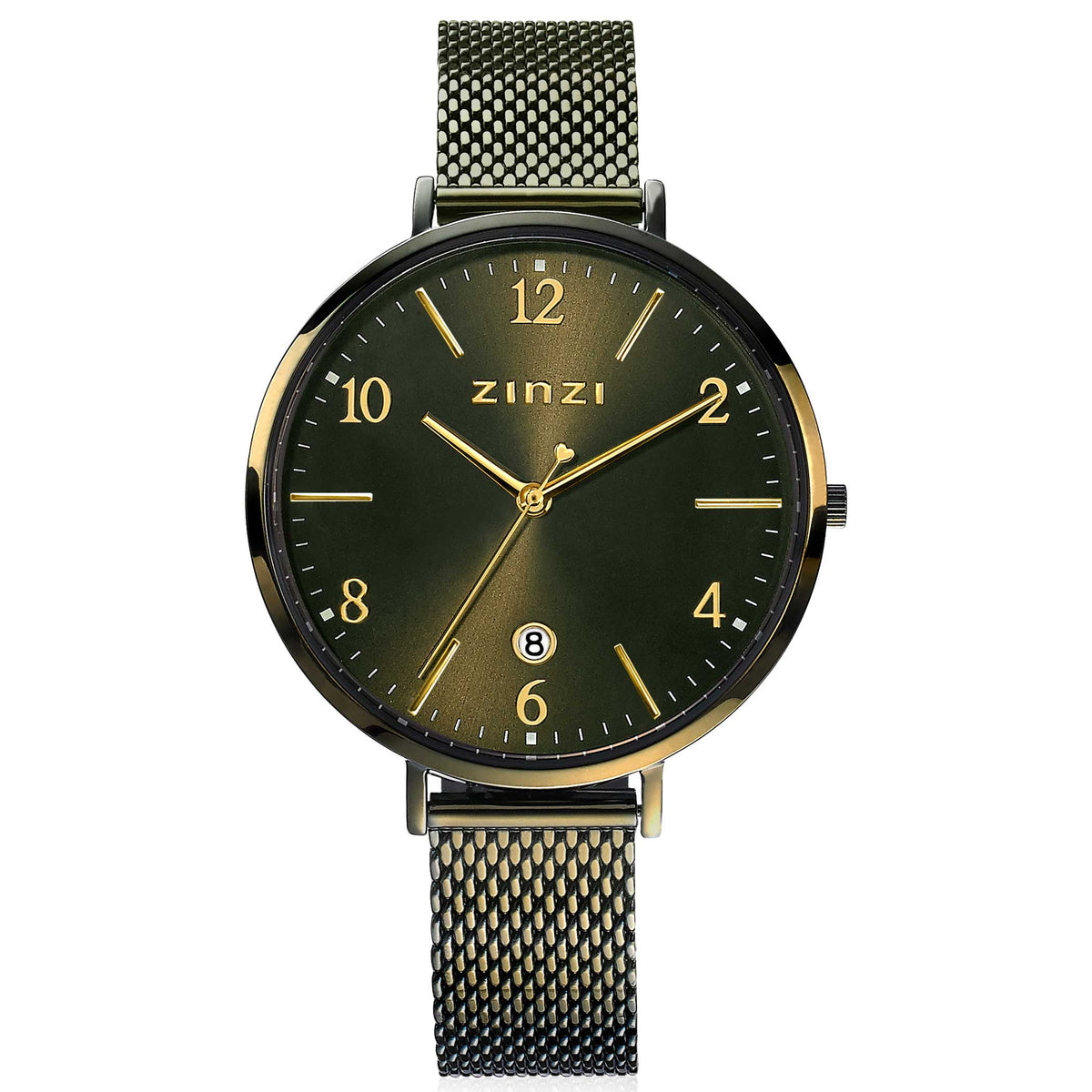 Gouden horloge met groene wijzerplaat, metalen mesh-band en datumaanduiding.