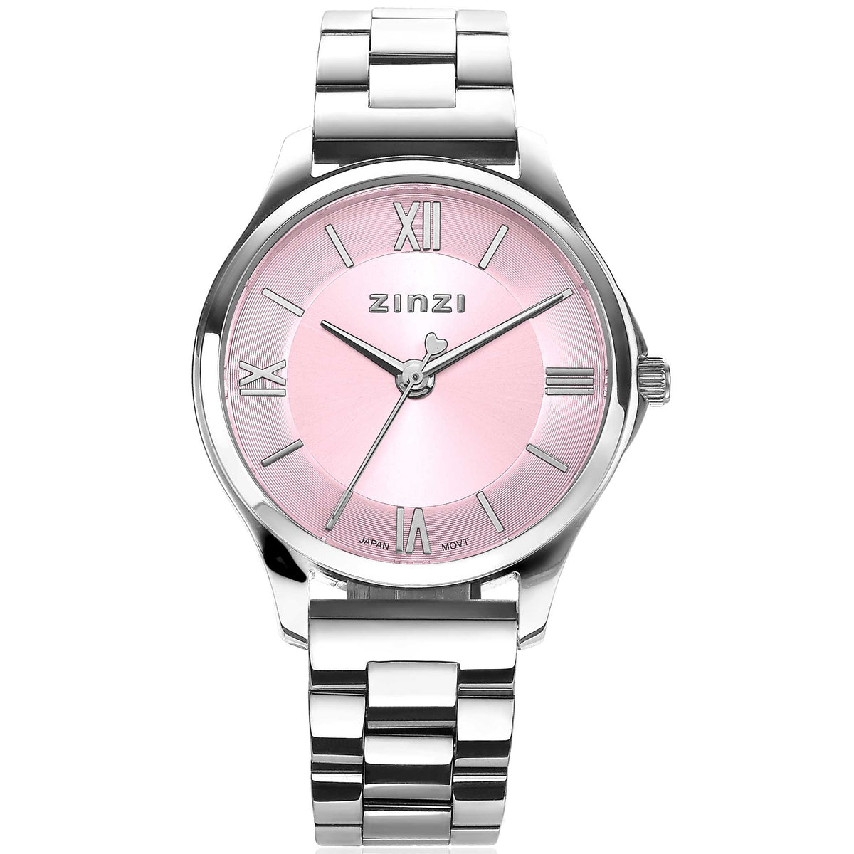 Zilverkleurig horloge van staal met een roze wijzerplaat en Romeinse cijfers.