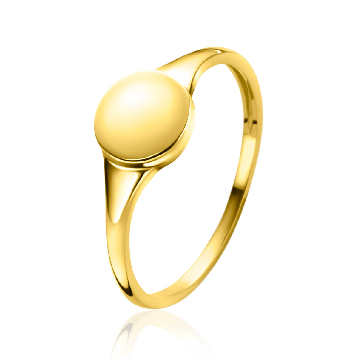 Gouden ring met een gladde, ronde schijf en een verfijnde, slanke band.