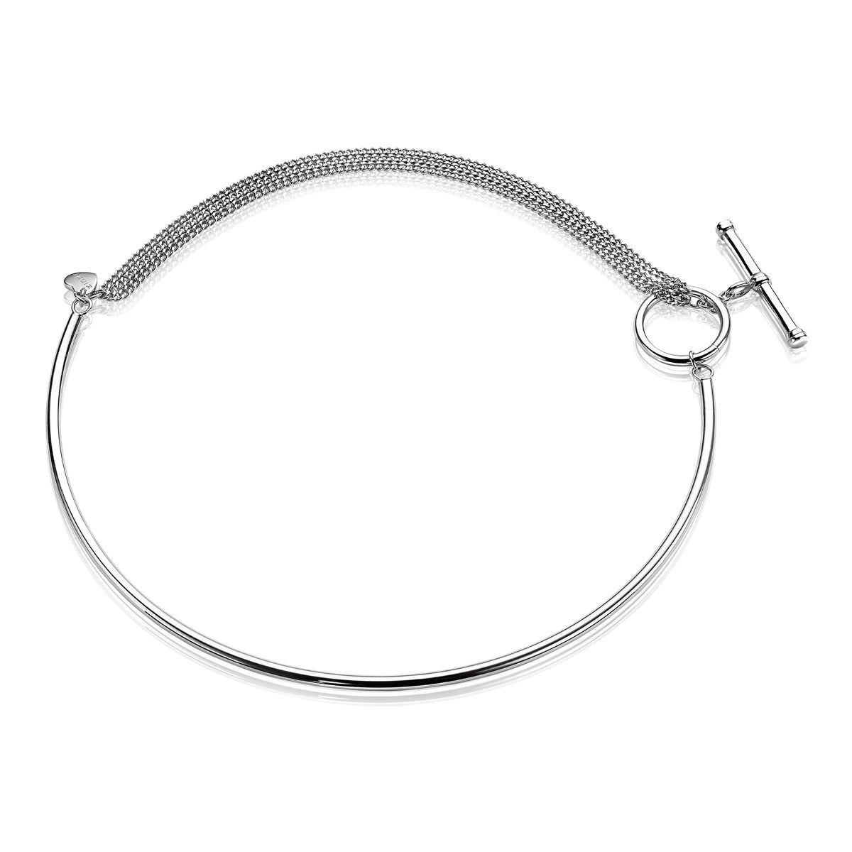 Zilveren ketting met een gladde, ronde schakel en een T-slot sluiting.