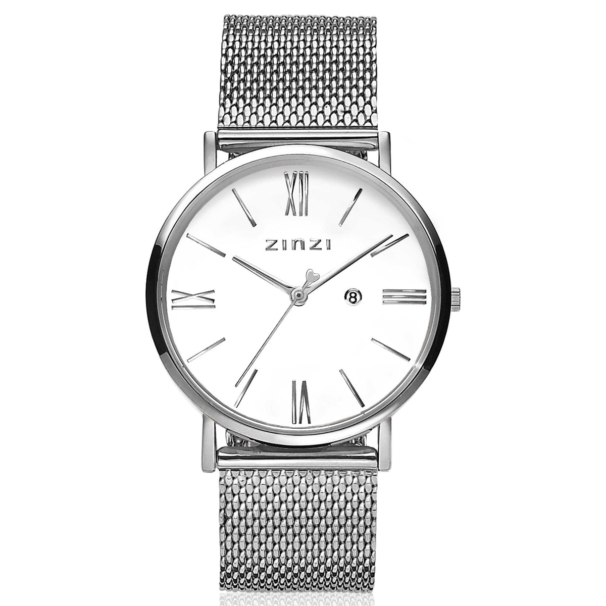 Zilverkleurig horloge van staal met een witte wijzerplaat en mesh-band, voorzien van Romeinse cijfers.