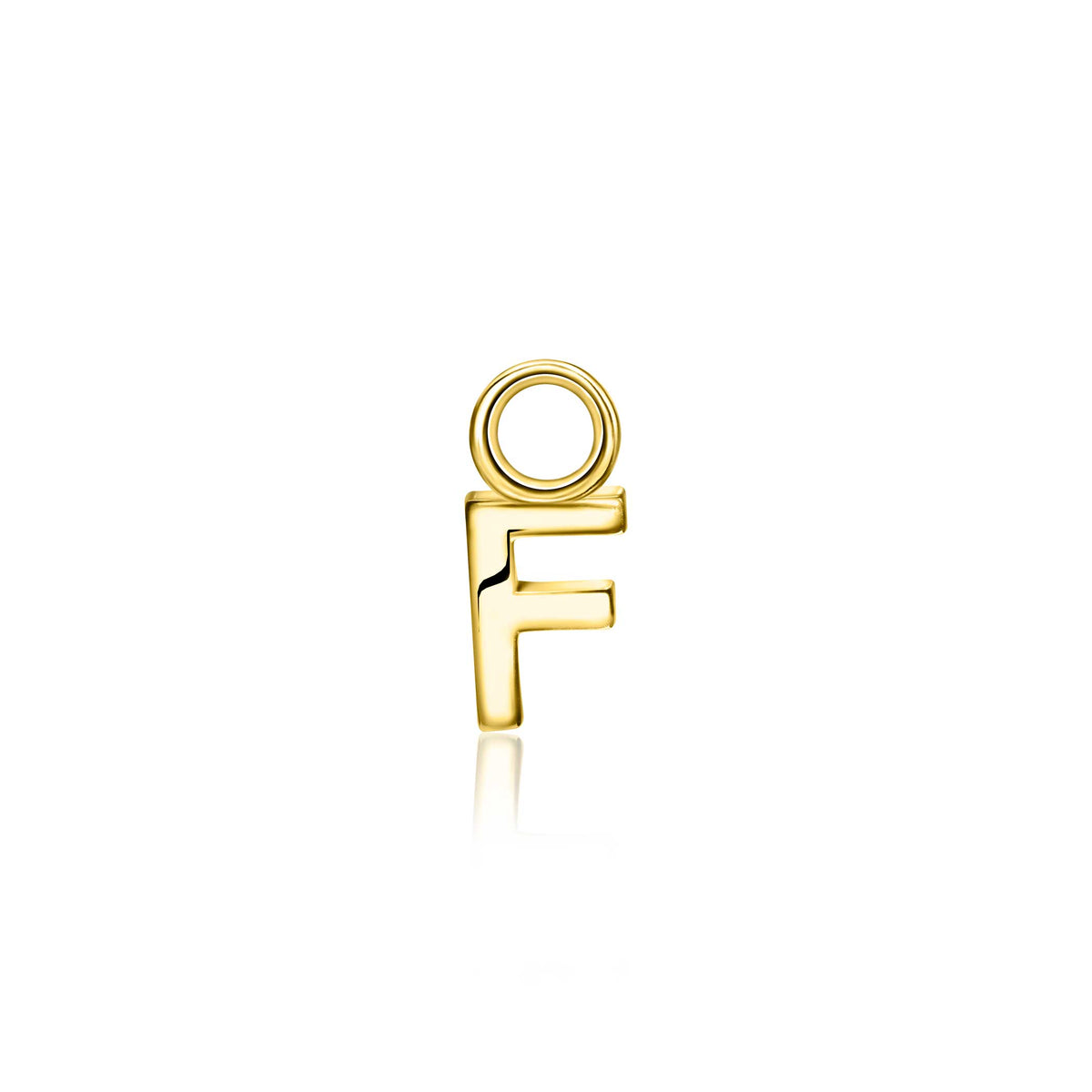 Gouden oorbel met een moderne, abstracte lettervorm.