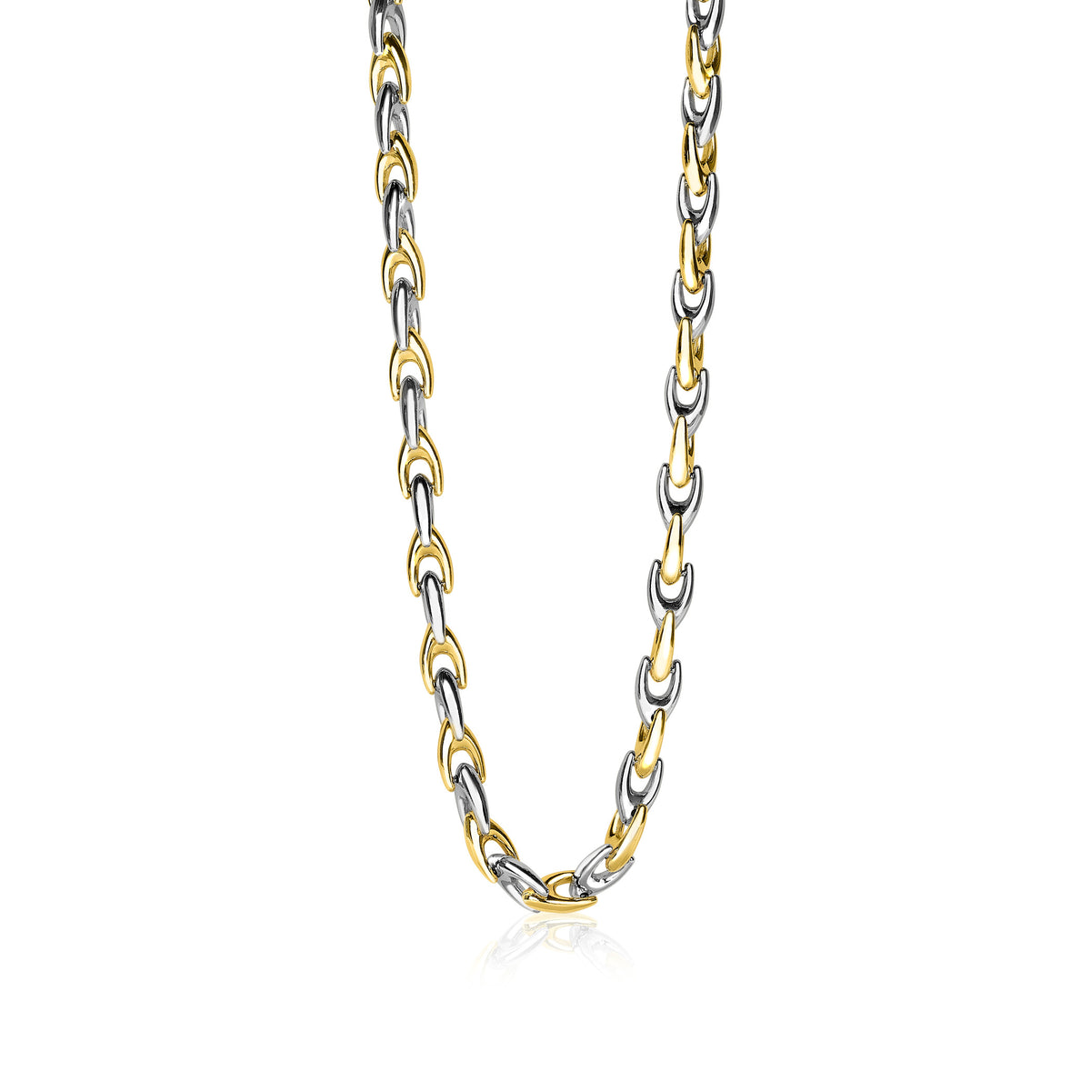 Gouden en zilveren schakelketting met een mix van grote en kleine schakels.