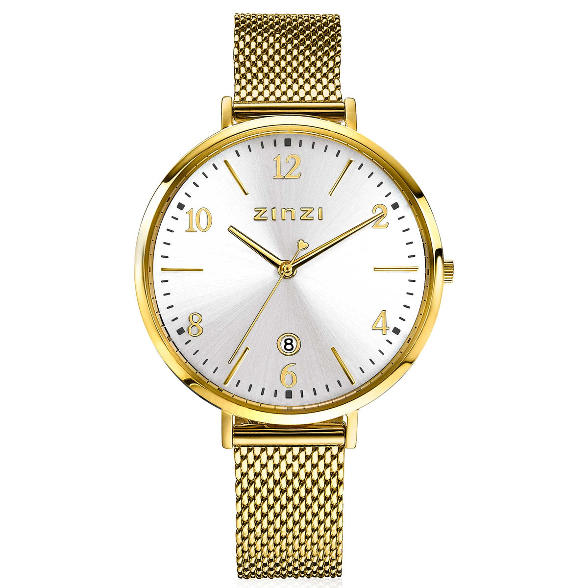 Geelgoudkleurig horloge met een zilveren wijzerplaat, mesh-band en duidelijke cijfers.