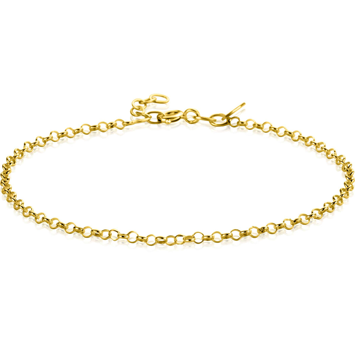 De Zinzi Armband Goud Zga441 is een gouden schakelarmband met kleine in elkaar grijpende schakels en een sluiting, plat gelegd op een witte achtergrond om het elegante en tijdloze 14 krt-ontwerp te benadrukken.