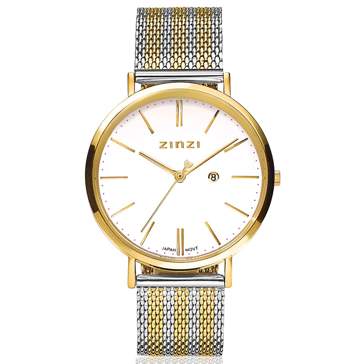 Geelgoudkleurig horloge met een witte wijzerplaat en een mesh-band in zilver en goud.