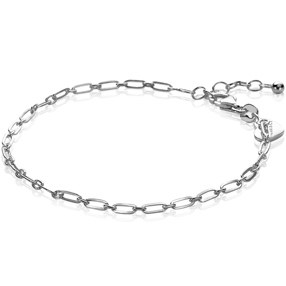 Zilveren armband met schakels en een verlengketting, eenvoudig en modern design.