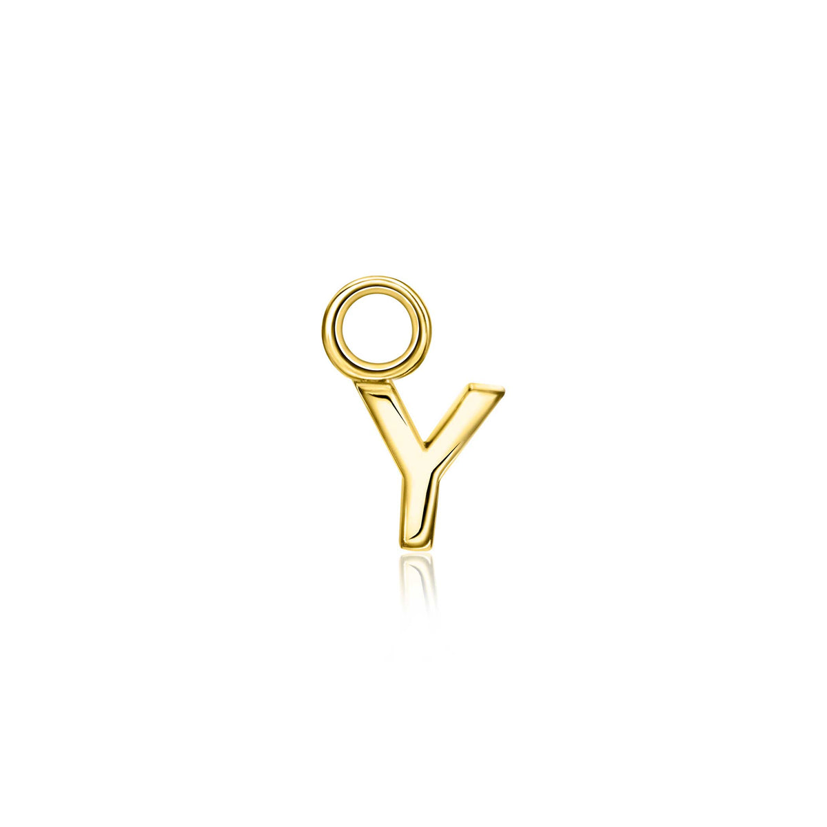 Gouden oorbel in de vorm van een letter Y met een glanzende afwerking.