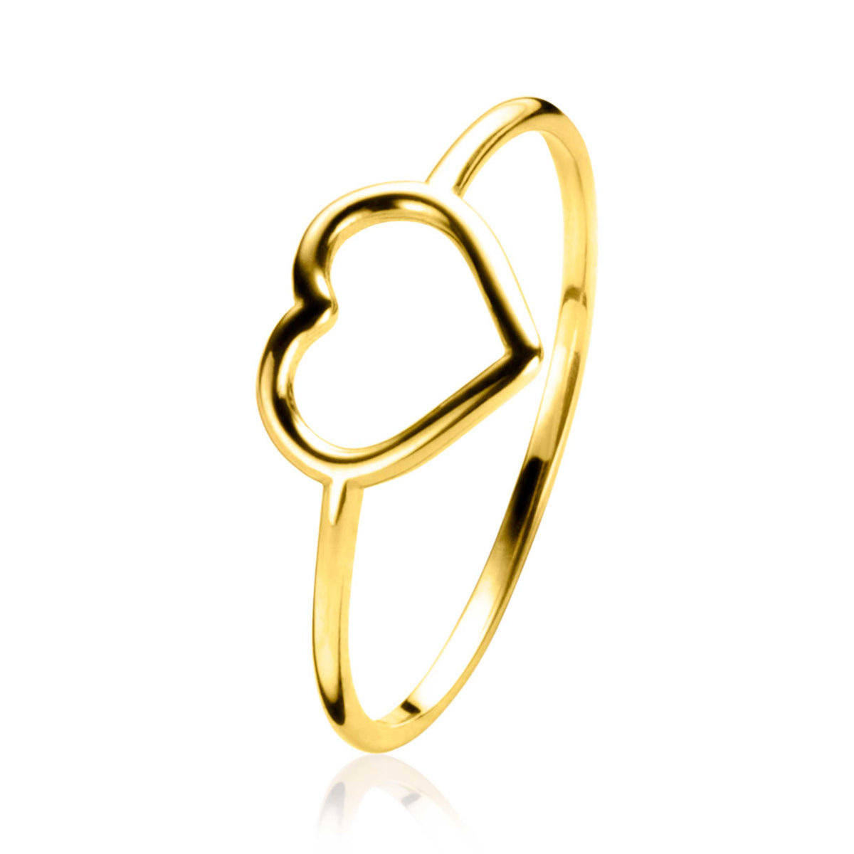 De Zinzi Ring Goud Zgr378 van Zinzi is een delicate 14k gouden ring met een open hart ontwerp, afgebeeld tegen een effen witte achtergrond.