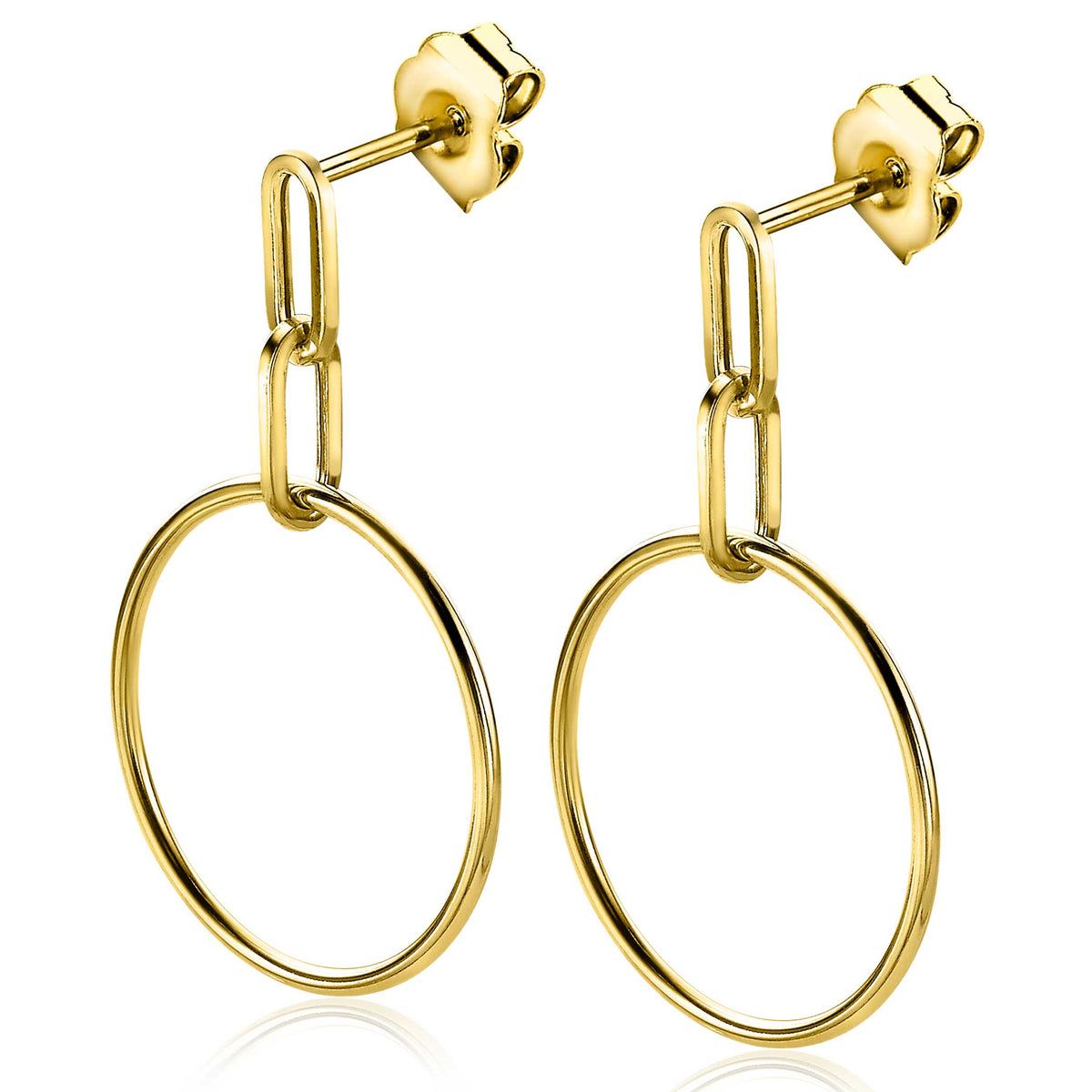 Gouden, vergulde oorbellen met een hangende ring en een schakelontwerp.