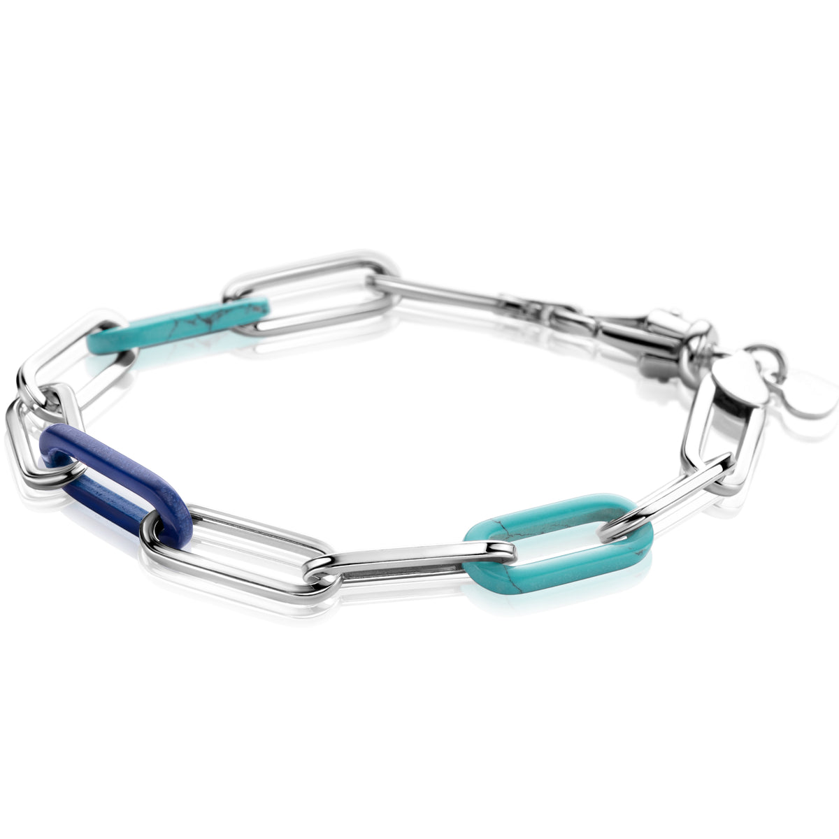 Zilveren armband met schakels en gekleurde accenten in blauw en turquoise.