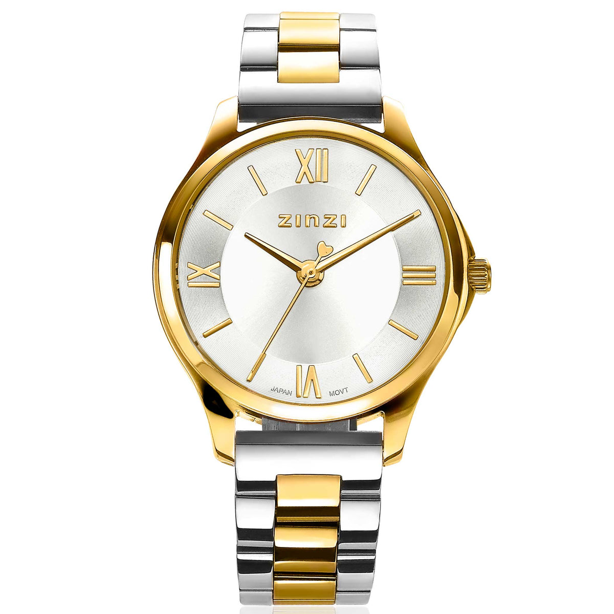 Geelgoudkleurig horloge met zilverkleurige schakelband, witte wijzerplaat en Romeinse cijfers.