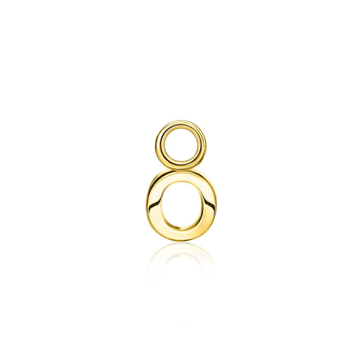 Gouden oorbellen met een moderne, abstracte vorm en twee overlappende ringen.