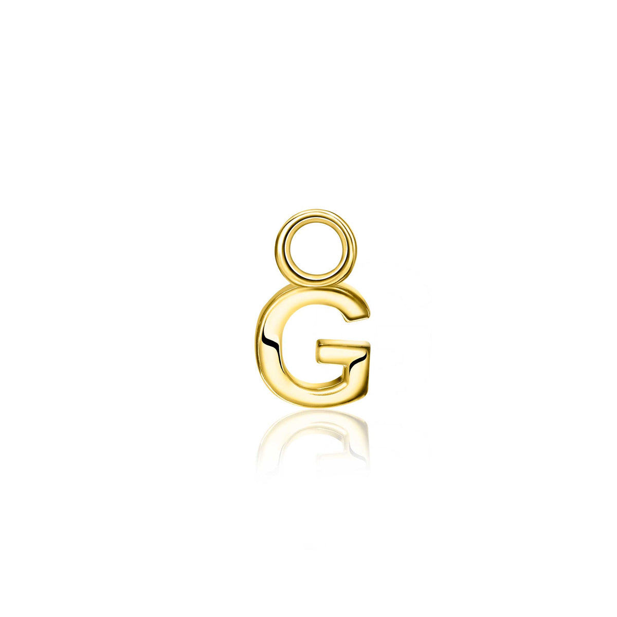Gouden oorbel in de vorm van een 'G', met een glanzende afwerking.