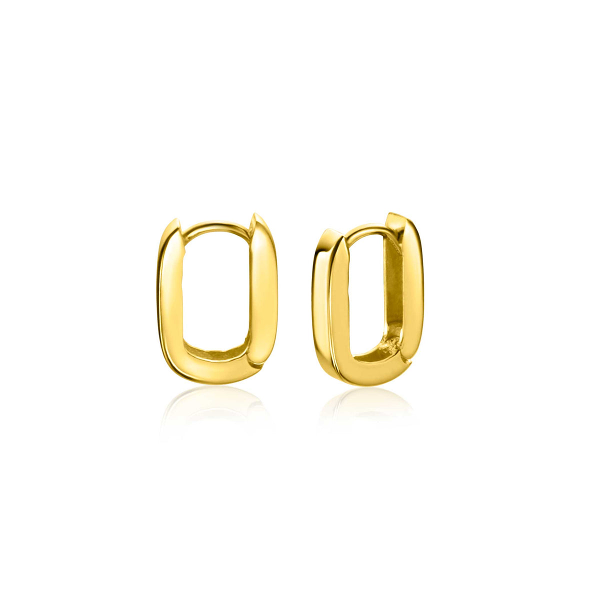 Gouden oorbellen met een strakke, geometrische vorm en glanzende afwerking.