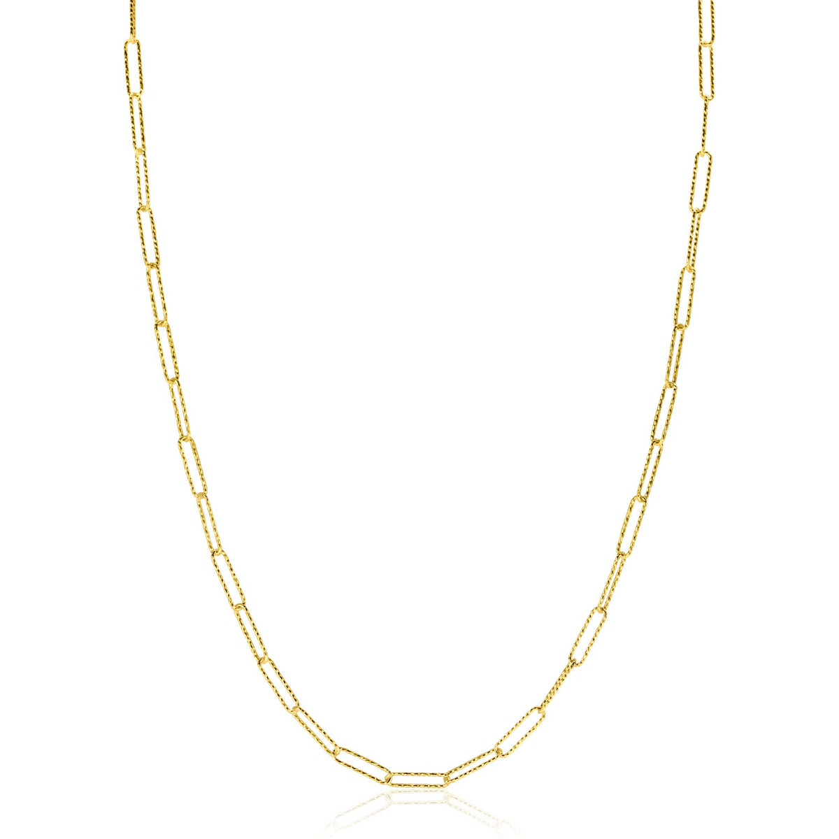 Gouden ketting met een schakelpatroon van langwerpige, rechte schakelstukken.