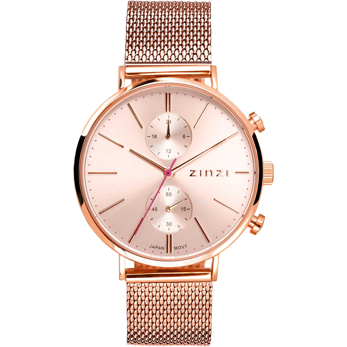 Roségoudkleurig horloge met mesh-band, ronde wijzerplaat en twee sub-dials.
