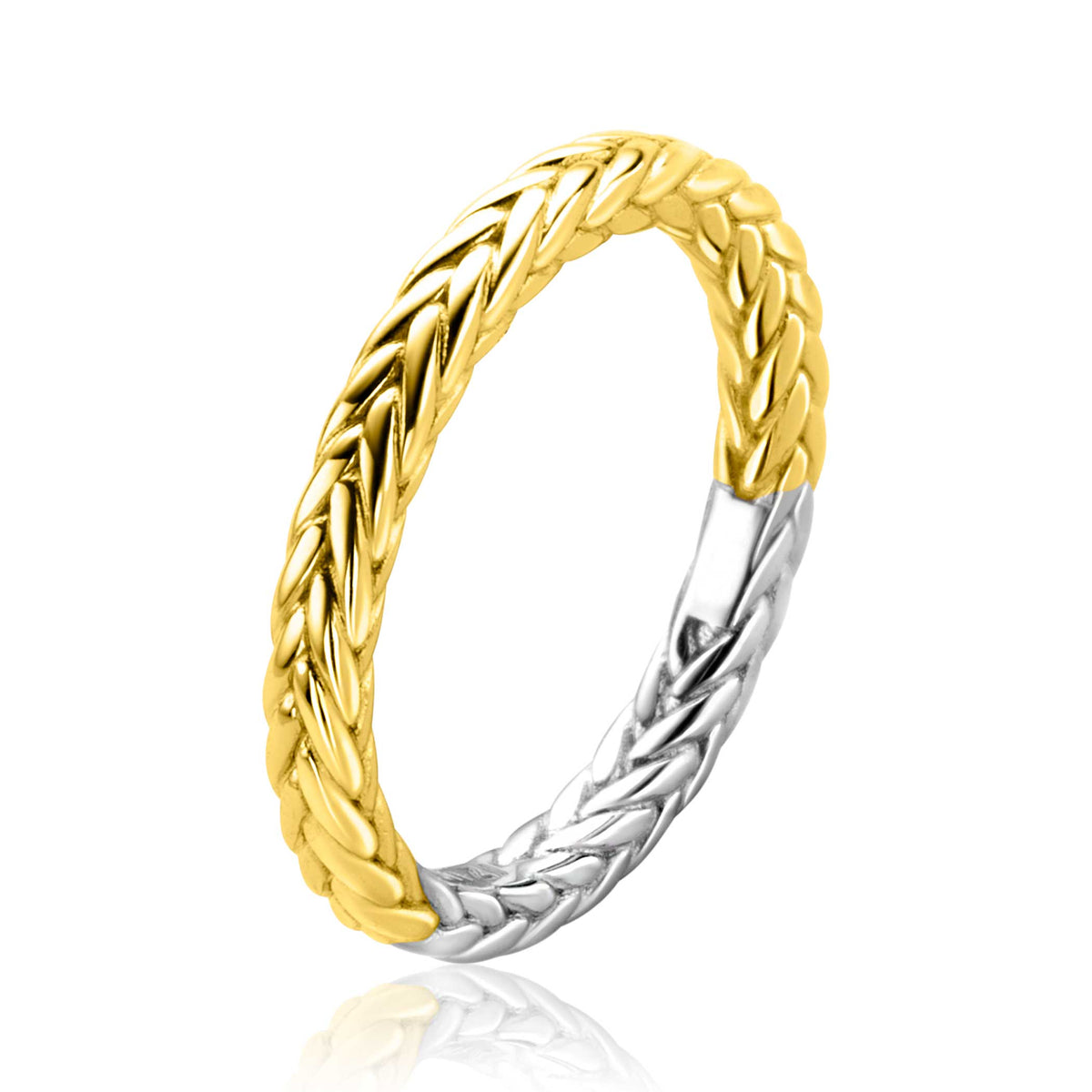 Gouden ring met een gevlochten ontwerp en een zilveren accent.