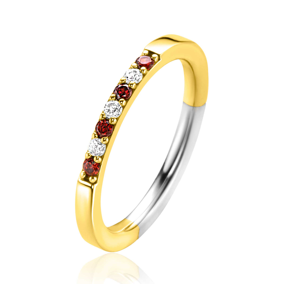Gouden ring met rode en witte steentjes, halfmatte afwerking en een glanzende rand.