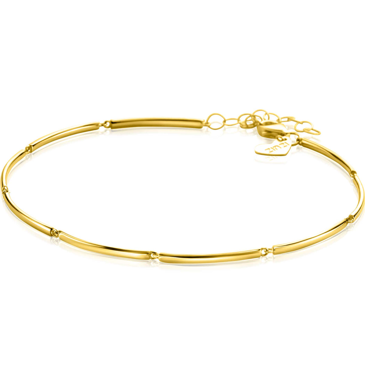 De Zinzi Armband Goud Zga461 is een strakke 14k gouden armband met onderling verbonden gebogen staafjes en een klein hartvormig bedeltje bij de sluiting. Tegen een effen witte achtergrond belichaamt dit stuk elegantie en verfijning.