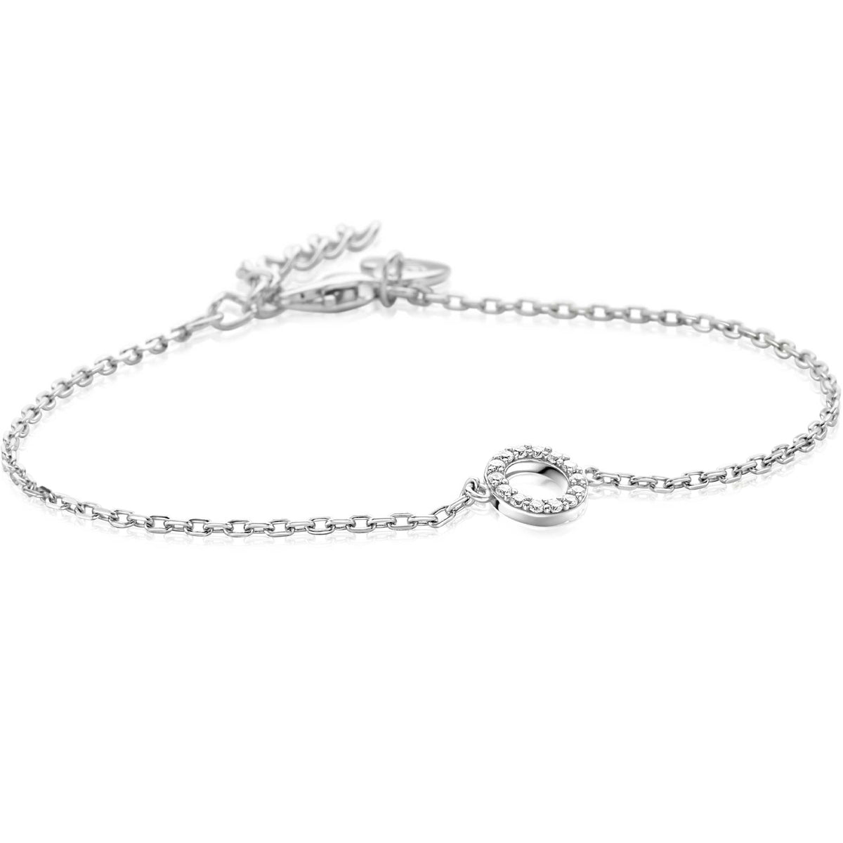 Zilveren armband met een fijne schakel en een ronde, opengewerkte hanger.