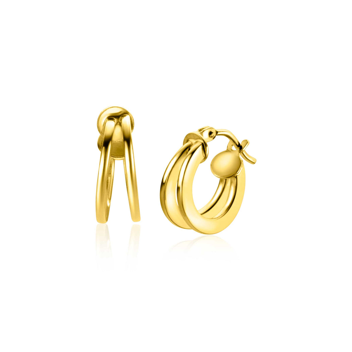 Gouden oorbellen met een dubbele hoop en een gladde afwerking.