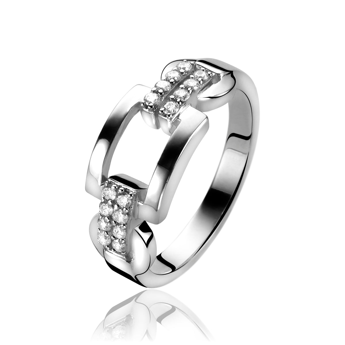 Zilveren ring met een moderne schakelvorm en sprankelende steentjes aan de zijkanten.