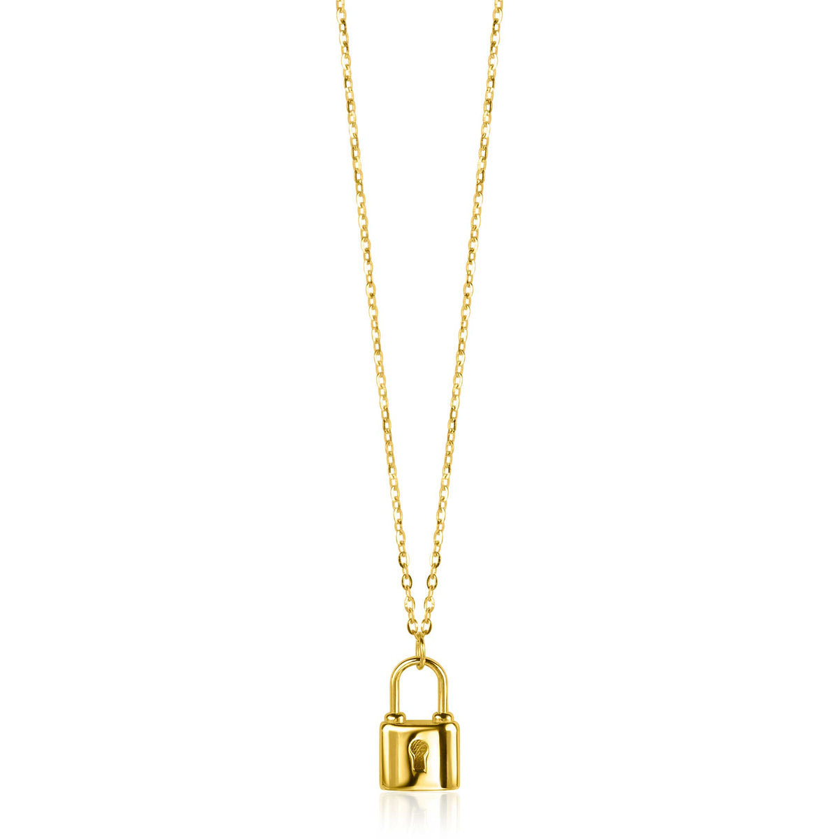 Gouden ketting met hangslotje, fijne schakelketting en glanzende afwerking.