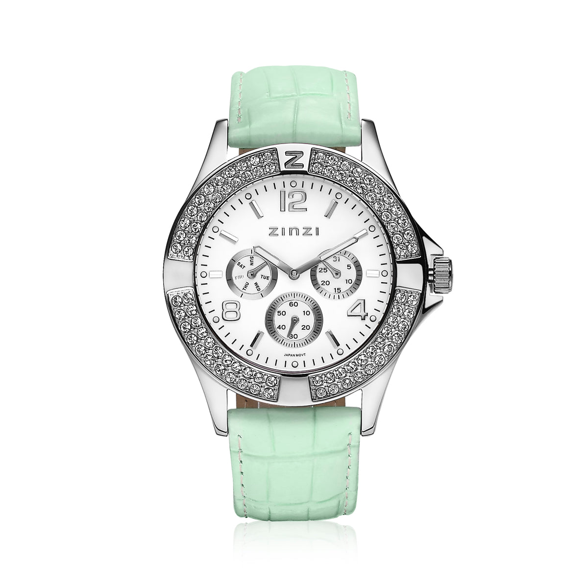 Zilverkleurig horloge van staal met een witte wijzerplaat, mintgroene leren band en sprankelende steentjes rondom de bezel.
