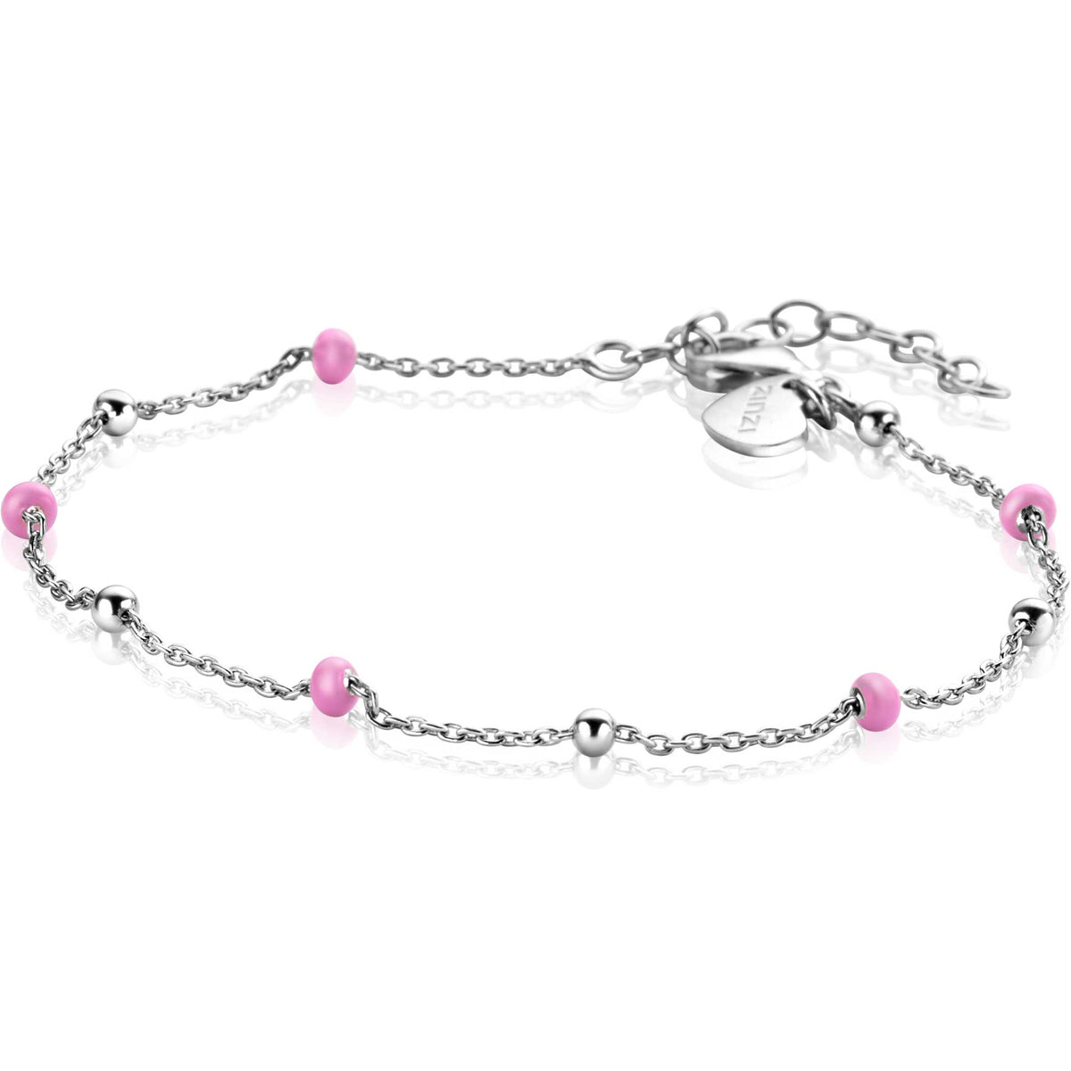 Zilveren armband met roze en zilveren kraaltjes, voorzien van een karabijnsluiting.
