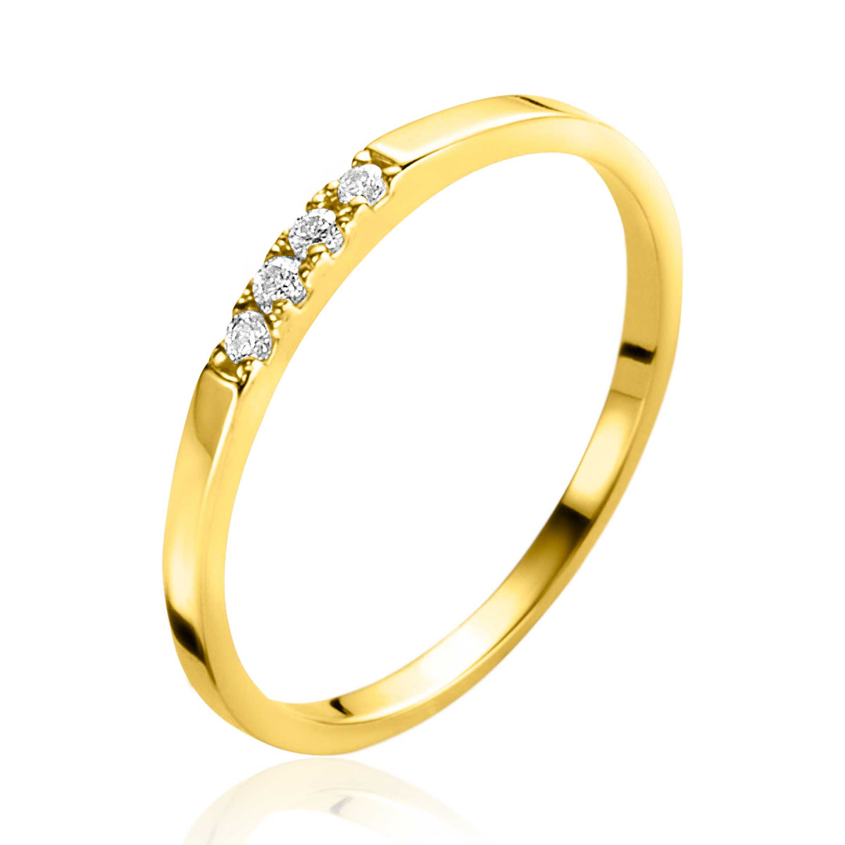 Gouden ring met vijf kleine, heldere steentjes in een rechte lijn.
