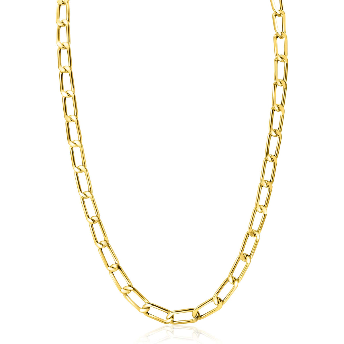 Gouden ketting met een schakelpatroon en een glanzende afwerking.
